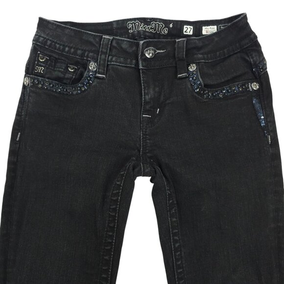 Miss Me Jeans Mid Rise Skinny Black Size 27 Stretch Studs Rhinestones Sequins - Picture 4 of 16